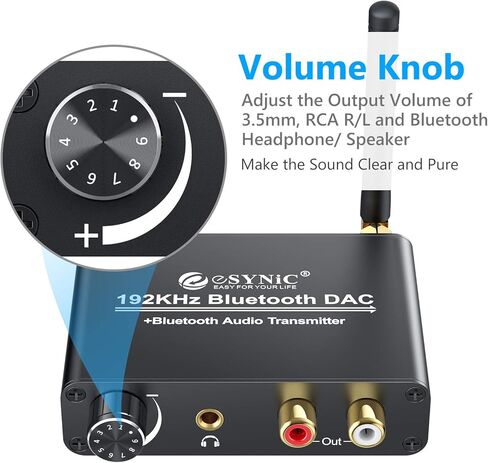 eSynic 192 كيلو هرتز DAC محول صوت رقمي إلى تناظري مع جهاز إرسال بلوتوث V5.0 يدعم AptX وصوت رقمي محوري بصري منخفض الكمون إلى تناظري L/R RCA 3.5 مم للتلفزيون ومكبر صوت سماعة رأس بلوتوث in Saudi Arabia