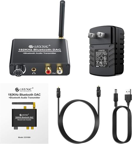 eSynic 192 كيلو هرتز DAC محول صوت رقمي إلى تناظري مع جهاز إرسال بلوتوث V5.0 يدعم AptX وصوت رقمي محوري بصري منخفض الكمون إلى تناظري L/R RCA 3.5 مم للتلفزيون ومكبر صوت سماعة رأس بلوتوث in Saudi Arabia