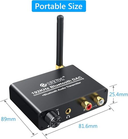 eSynic 192 كيلو هرتز DAC محول صوت رقمي إلى تناظري مع جهاز إرسال بلوتوث V5.0 يدعم AptX وصوت رقمي محوري بصري منخفض الكمون إلى تناظري L/R RCA 3.5 مم للتلفزيون ومكبر صوت سماعة رأس بلوتوث in Saudi Arabia