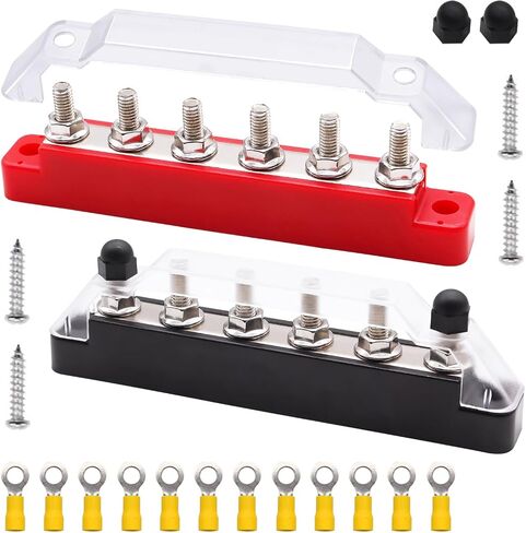 Aienxn Battery Bus Bar 6 x 1/4 "(M6) محطة توزيع الطاقة 12 فولت مع غطاء ومحطات حلقية، بحد أقصى 300 فولت تيار متردد 48 فولت تيار مستمر بطارية إيجابية وسلبية للسيارة والقارب (أسود + أحمر) Q-O-078 in Kuwait