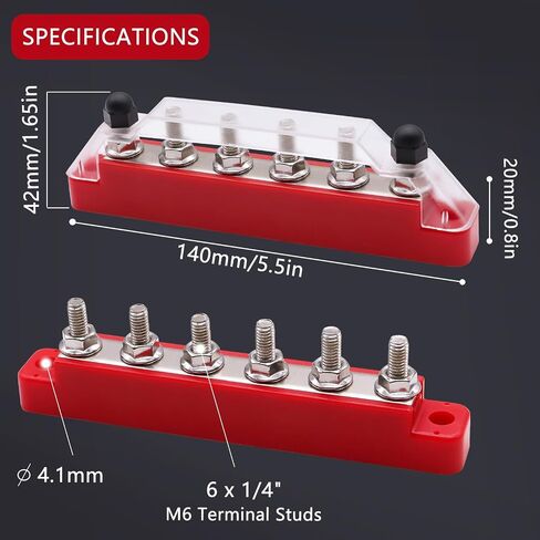 Aienxn Battery Bus Bar 6 x 1/4 "(M6) محطة توزيع الطاقة 12 فولت مع غطاء ومحطات حلقية، بحد أقصى 300 فولت تيار متردد 48 فولت تيار مستمر بطارية إيجابية وسلبية للسيارة والقارب (أسود + أحمر) Q-O-078 in Kuwait