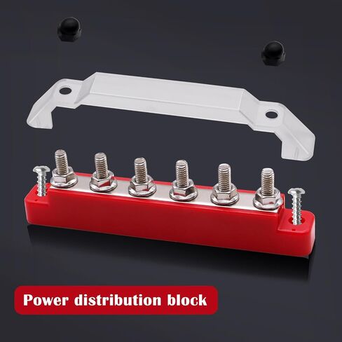 Aienxn Battery Bus Bar 6 x 1/4 "(M6) محطة توزيع الطاقة 12 فولت مع غطاء ومحطات حلقية، بحد أقصى 300 فولت تيار متردد 48 فولت تيار مستمر بطارية إيجابية وسلبية للسيارة والقارب (أسود + أحمر) Q-O-078 in Kuwait