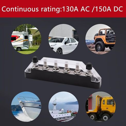 Aienxn Battery Bus Bar 6 x 1/4 "(M6) محطة توزيع الطاقة 12 فولت مع غطاء ومحطات حلقية، بحد أقصى 300 فولت تيار متردد 48 فولت تيار مستمر بطارية إيجابية وسلبية للسيارة والقارب (أسود + أحمر) Q-O-078 in Kuwait