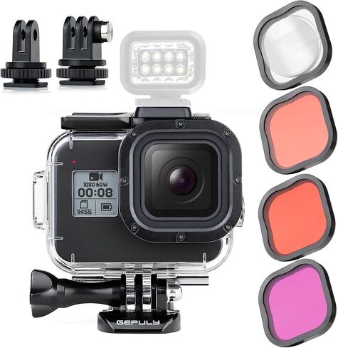 GEPULY Waterproof Case with 2 Cold Shoes for GoPro Hero 8 Black Camera | 196FT/60M 316 Stainless Steel Clear Glass Bulit In Dual Cold-Shoe Slots Vertical Horizontal Rigging External Light/Mic Ready in Saudi Arabia