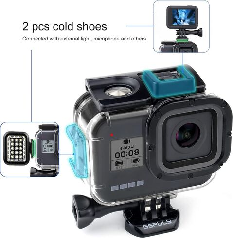 GEPULY Waterproof Case with 2 Cold Shoes for GoPro Hero 8 Black Camera | 196FT/60M 316 Stainless Steel Clear Glass Bulit In Dual Cold-Shoe Slots Vertical Horizontal Rigging External Light/Mic Ready in Saudi Arabia
