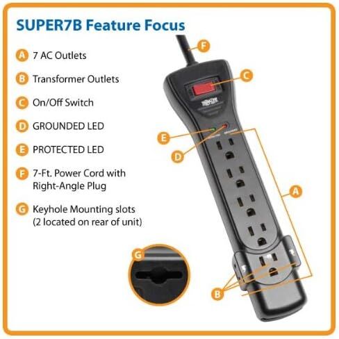 شريط الطاقة Tripp Lite SUPER7B ذو 7 منافذ للحماية من زيادة التيار، سلك بطول 7 أقدام، قابس الزاوية اليمنى، 2160 جول، أسود، وتأمين بقيمة 75,000 دولار in Kuwait