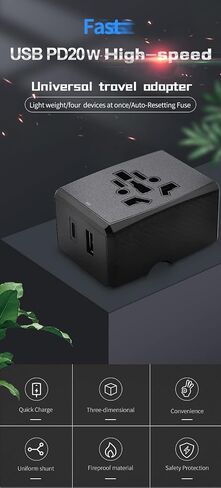 محول السفر العالمي واقي التيار 3 منافذ USB + منفذ واحد من النوع C (20 وات كحد أقصى) / مقابس تيار متردد متعددة NANOLAKE، مقابس لأكثر من 150 دولة الولايات المتحدة الأمريكية/الاتحاد الأوروبي/المملكة المتحدة/أستراليا إلخ. FCC، CE RoHS، مصراع أمان/مصراع أمان 2 in Kuwait