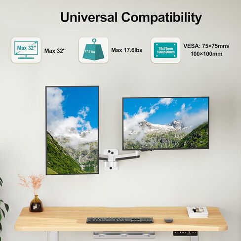 حامل شاشة مزدوج على الحائط من MOUNT PRO لشاشات الكمبيوتر مقاس 13 إلى 32 بوصة، ذراع شاشة حائط زنبركي غاز لشاشتين، كل واحدة تحمل ما يصل إلى 17.6 رطل، حامل شاشة حائط قابل للتعديل مع VESA 75x75/100x100، أبيض in Kuwait