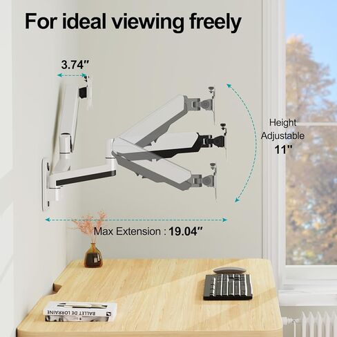 حامل شاشة مزدوج على الحائط من MOUNT PRO لشاشات الكمبيوتر مقاس 13 إلى 32 بوصة، ذراع شاشة حائط زنبركي غاز لشاشتين، كل واحدة تحمل ما يصل إلى 17.6 رطل، حامل شاشة حائط قابل للتعديل مع VESA 75x75/100x100، أبيض in Kuwait