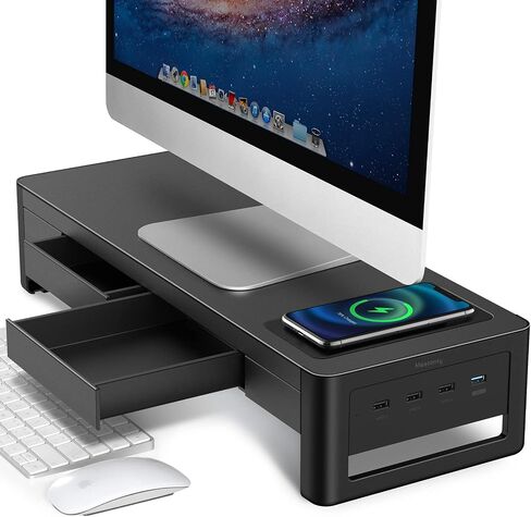 meatanty Dual Monitor Stand Riser with 2 Drawers,4 USB Ports and Charging Pad,Metal Monitor Stand for 2 Monitors Supports Transfer Data and Charging,Desk Organizer for PC,iMac(38.7 inches) in Kuwait