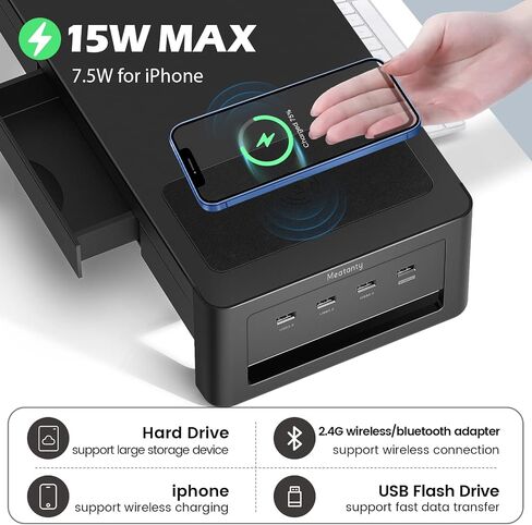 meatanty Dual Monitor Stand Riser with 2 Drawers,4 USB Ports and Charging Pad,Metal Monitor Stand for 2 Monitors Supports Transfer Data and Charging,Desk Organizer for PC,iMac(38.7 inches) in Kuwait