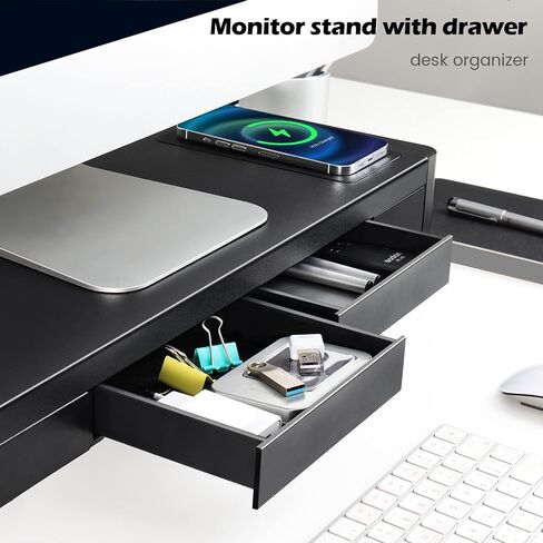 meatanty Dual Monitor Stand Riser with 2 Drawers,4 USB Ports and Charging Pad,Metal Monitor Stand for 2 Monitors Supports Transfer Data and Charging,Desk Organizer for PC,iMac(38.7 inches) in Kuwait