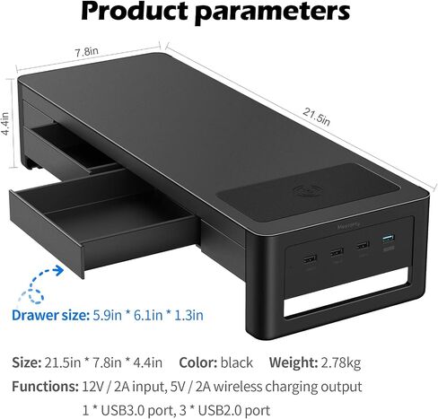 meatanty Dual Monitor Stand Riser with 2 Drawers,4 USB Ports and Charging Pad,Metal Monitor Stand for 2 Monitors Supports Transfer Data and Charging,Desk Organizer for PC,iMac(38.7 inches) in Kuwait