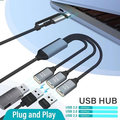محول كابل USB C ذكر إلى ثلاثة USB أنثى، 2 في 1 USB A وUSB C ذكر إلى 3 أنواع A 2.0 OTG Splitter Dongle سلك محول موصل متعدد المحور لأجهزة MacBook، iPad Pro Air، Microsoft Surface Go in Kuwait