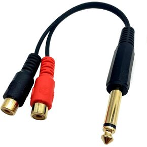كابل Qaoquda 6.35 مم إلى 2 RCA، مطلي بالذهب 1/4 بوصة Mono TS ذكر إلى 2 كابل محول RCA أنثى مزدوج Y - 8 بوصة (6.35 M/2RCA FM)