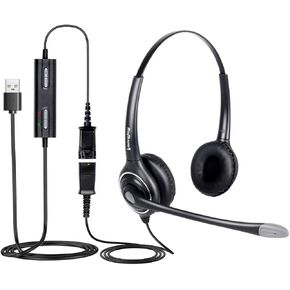 سماعة رأس VoiceJoy USB سلكية لمركز الاتصال بخاصية إلغاء الضوضاء مع قطع اتصال سريع، ميكروفون قابل للتعديل، التحكم في مستوى الصوت للمكالمات على أجهزة الكمبيوتر المحمولة وأجهزة الكمبيوتر in Kuwait