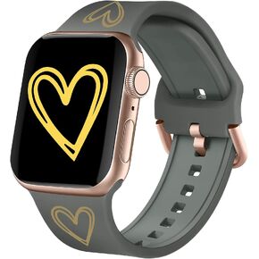 WKC متوافق مع أساور ساعة Apple 41 مم 40 مم 38 مم 42 مم 44 مم 45 مم، أساور معصم رياضية مطبوعة بنمط قلب ذهبي من السيليكون الناعم مع مشبك كلاسيكي لسلسلة iWatch SE 7 6 5 4 3 2 1