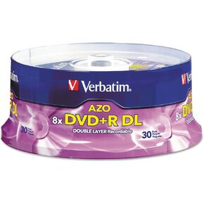 Verbatim 96542 Dual-Layer DVD+R Discs, 8.5Gb, 8X, Spindle, 30/Pk, Silver