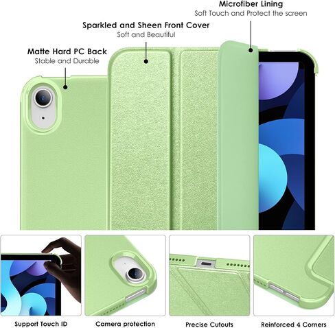 DTTO Case for New iPad Air 11 inch M2 / iPad Air 5th&4th Generation 10.9 Inch, Hard Back Sparkled and Sheen Front Cover for iPad Air Case 2024/2022/2020, Support 2nd Gen Pencil Charging - Light Green in Saudi Arabia