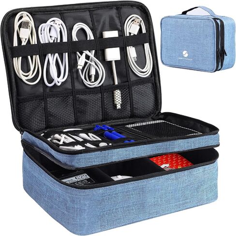 Travel Electronics Organizer, Waterproof Cable Organizer Bag for Electronic Accessories Double Layer Large Shockproof Cable Storage Bag for Cord, Power Bank, Tablet(Up to iPad 11 inch) - Black in Saudi Arabia