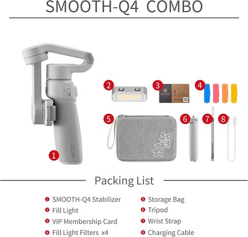 Zhi yun Smooth Q4 Combo Gimbal Stabilizer لهاتف iPhone 13 Pro Max Mini 12 11 XS X XR 8 Android مع حقيبة حمل وإضاءة LED وحامل ثلاثي المحاور محمول باليد in Saudi Arabia