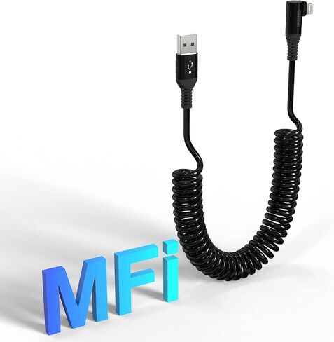 Coiled Lightning Cable 90 Degree Apple Carplay Support & MFi Certified, Right Angle Coiled iPhone Charger Cable for Car Short USB to Lightning Cable with Data for iPhone 14 13 12 11 8 7 6 Pro Max iPad in Kuwait