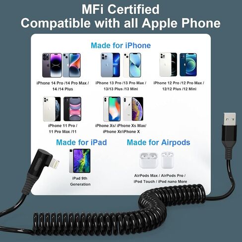 Coiled Lightning Cable 90 Degree Apple Carplay Support & MFi Certified, Right Angle Coiled iPhone Charger Cable for Car Short USB to Lightning Cable with Data for iPhone 14 13 12 11 8 7 6 Pro Max iPad in Kuwait