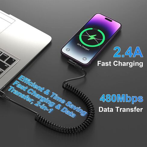 Coiled Lightning Cable 90 Degree Apple Carplay Support & MFi Certified, Right Angle Coiled iPhone Charger Cable for Car Short USB to Lightning Cable with Data for iPhone 14 13 12 11 8 7 6 Pro Max iPad in Kuwait