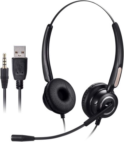 سماعة PChero USB خفيفة الوزن قابلة للسحب للاتصال عبر الإنترنت ومركز اتصال مريح وخاصية إلغاء الضوضاء مع ميكروفون ميكروفون قابل للتعديل، التحكم في مستوى الصوت عن طريق المقبض لأجهزة الكمبيوتر المحمولة وأجهزة الكمبيوتر - (بكلتا الأذنين) in Kuwait