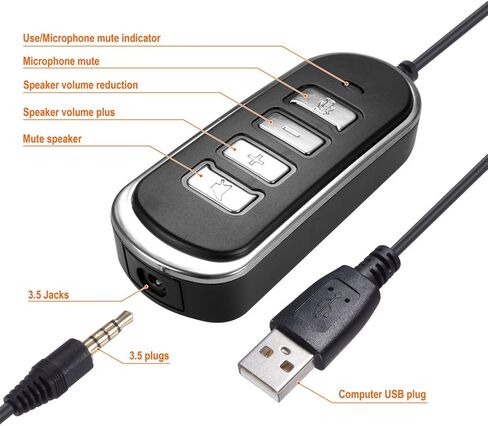 سماعة PChero USB خفيفة الوزن قابلة للسحب للاتصال عبر الإنترنت ومركز اتصال مريح وخاصية إلغاء الضوضاء مع ميكروفون ميكروفون قابل للتعديل، التحكم في مستوى الصوت عن طريق المقبض لأجهزة الكمبيوتر المحمولة وأجهزة الكمبيوتر - (بكلتا الأذنين) in Kuwait