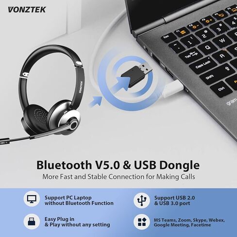 Vonztek Wireless Headset with Microphone for PC，Bluetooth Headset with Mic Mute & Noise Canceling, Wireless Headphones with USB Dongle for Work from Home/Laptop/Office/Cell Phone/Zoom/Ms Teams/Skype in Kuwait