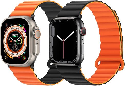 Anlinser متوافق مع سوار ساعة Apple 45 مم 44 مم 42 مم 41 مم 40 مم 38 مم، حزام مغناطيسي ذو وجهين للنساء والرجال مع حلقة لسلسلة iWatch 8/7/6/5/4/3/2/1/SE (45 مم/44 مم/42 مم، أسود /البرتقالي) in Kuwait
