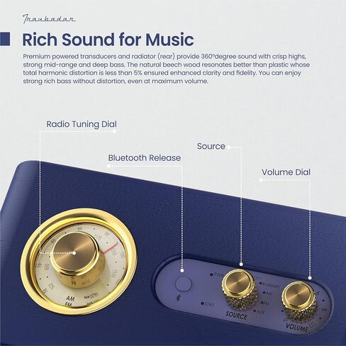 ترينبادر مكبر صوت بلوتوث ريترو مع راديو، مكبر صوت بلوتوث لاسلكي محمول للمنزل والمكتب والسفر في الهواء الطلق، صوت ستيريو أفضل، بلوتوث 5.0، وقت تشغيل 12 ساعة، تصميم مكبر صوت كلاسيكي خشبي in Kuwait