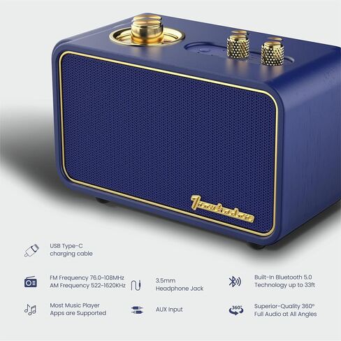 ترينبادر مكبر صوت بلوتوث ريترو مع راديو، مكبر صوت بلوتوث لاسلكي محمول للمنزل والمكتب والسفر في الهواء الطلق، صوت ستيريو أفضل، بلوتوث 5.0، وقت تشغيل 12 ساعة، تصميم مكبر صوت كلاسيكي خشبي in Kuwait