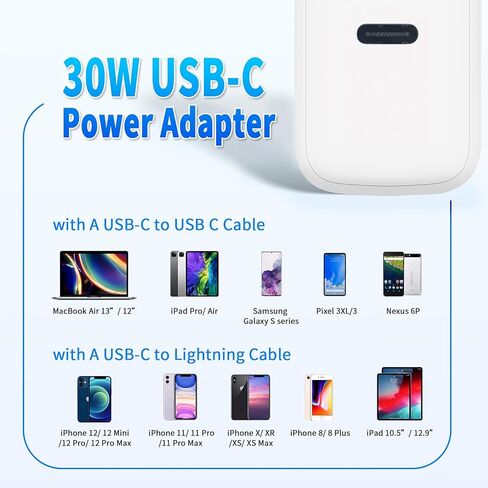 30W USB C Fast Charger Compatible with iPad Pro 12.9, 11 inch 2021/2020/2018, New Air 5th/4th, MacBook Air 13 inch, 12 inch Power Adapter with 8FT USB C to C Charging Cable in Saudi Arabia