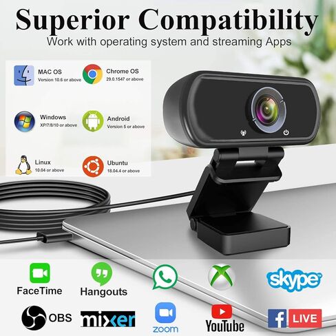 كاميرا ويب 1080 بكسل مع ميكروفون، كاميرا ويب مع تصحيح تلقائي للضوء، كاميرات ويب للكمبيوتر الشخصي ذات زاوية واسعة، متوافقة مع Skype/Zoom/Google Hangouts/Facetime/Windows in Kuwait
