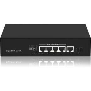 KuWFi Gigabit Ethernet Network Switch Plug & Play High Speed with 4 PoE Ports and 1 Ethernet Uplink and 1 Uplink Fiber for IP Camera and Access Points -52V