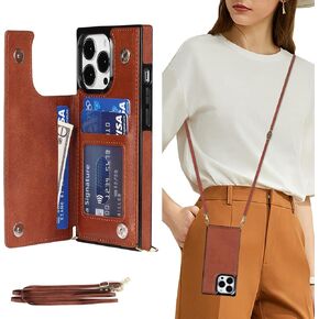 DEFBSC Compatible with iPhone 14 Pro Case, Crossbody Wallet Case, Adjustable Detachable Lanyard Neck Strap with Kickstand Leather Card Holder Protective Cover-Brown