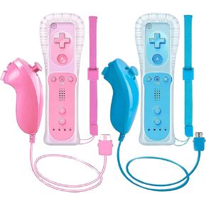 ZeroStory 2 حزم وحدة تحكم لاسلكية وNunchuck لوحدة تحكم Wii وWii U، لوحة ألعاب مع حافظة سيليكون وحزام معصم (وردي وأزرق)