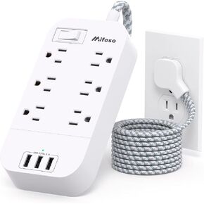 قطاع الطاقة - سلك تمديد مسطح بطول 10 أقدام، 6 منافذ و3 منافذ USB موسع مع حماية من التحميل الزائد، حامل على الحائط، محطة شحن سطح المكتب للمنزل والمكتب والنوم الأساسي