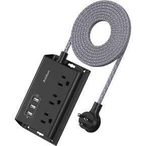 قطاع الطاقة مع USB، سلك تمديد مسطح بشهادة Addtam ETL مع 3 منافذ USB، 3 منافذ متباعدة على نطاق واسع، سلك مضفر بطول 5 أقدام، شريط طاقة صغير للسفر على سطح المكتب لسفينة الرحلات البحرية، المنزل، المكتب