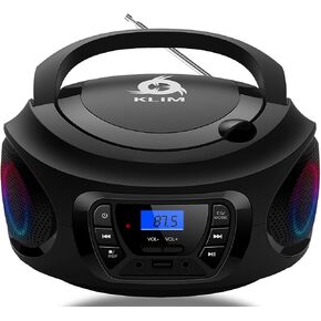KLIM Boombox Portable Audio System - New Version 2024 - FM Radio CD Player Bluetooth MP3 USB AUX - Includes Rechargeable Batteries - Wired & Wireless Modes - Compact and Sturdy - Black