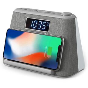 راديو منبه رقمي من i-box، ساعة منبه LCD بجانب السرير مع شاحن USB وشحن QI لاسلكي، مكبر صوت بلوتوث، راديو FM، مصباح ضوء ليلي LED مزاجي RGB، شاشة خافتة وآلة ضوضاء بيضاء