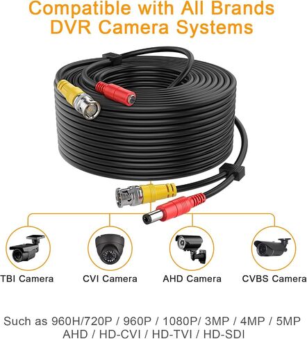 WILDHD [كابلات 20AWG] كابل BNC بطول 100 قدم 8 ميجابكسل/4K كابل كاميرا أمان سيامي الكل في واحد، كابل سلك تمديد BNC مع موصلين أنثى لجميع أنظمة المراقبة CCTV DVR عالية الدقة (أسود) in Kuwait