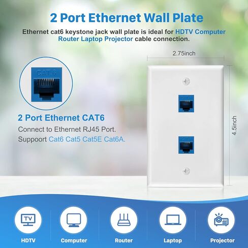 4 Pack 1-Port Cat6 Ethernet Wall Plate with Low Voltage Mounting Bracket | RJ45 Keystone Jack Coupler Female to Female, In-Wall Management Network Cables Inline Wires Connector, Easy Installation in Kuwait