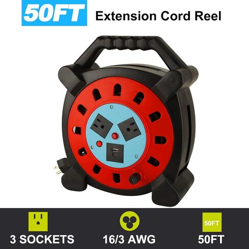 بكرة سلك تمديد COMBOWIN بمنفذين مقبس USB واحد من النوع A نوع C 50Ft 16AWG/3 بكرة سلك مفتوحة شديدة التحمل in Saudi Arabia