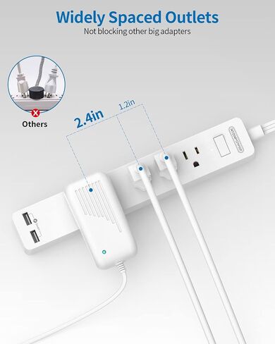 NTONPOWER سلك تمديد طويل 25 قدم، سلك تمديد مسطح تحت السجاد، سلك طويل لشريط الطاقة، شريط طاقة مثبت على الحائط مع 4 منافذ 2 USB A + USB C، حماية من التحميل الزائد للداخلية، المنزل، النوم، المكتب in Kuwait