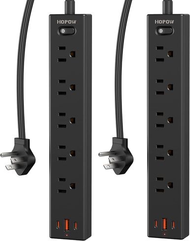 6FT Surge Protector Power Strip, 1700J, 5AC&1A2C, Flat Plug Extension Cord | HOPOW Flat Power Strip, 0.33in ultra thin plug, 1250W, 1.57in spcing, wall mount, charging station for home office, black in Kuwait