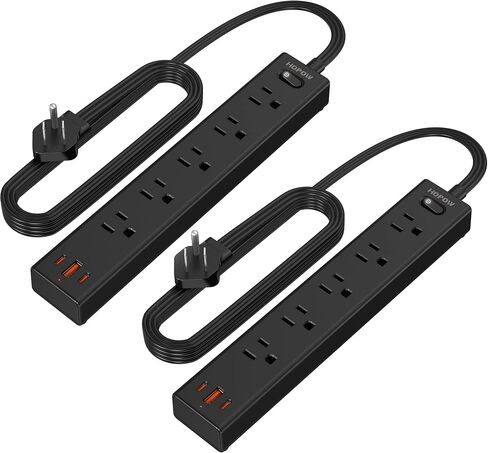 6FT Surge Protector Power Strip, 1700J, 5AC&1A2C, Flat Plug Extension Cord | HOPOW Flat Power Strip, 0.33in ultra thin plug, 1250W, 1.57in spcing, wall mount, charging station for home office, black in Kuwait
