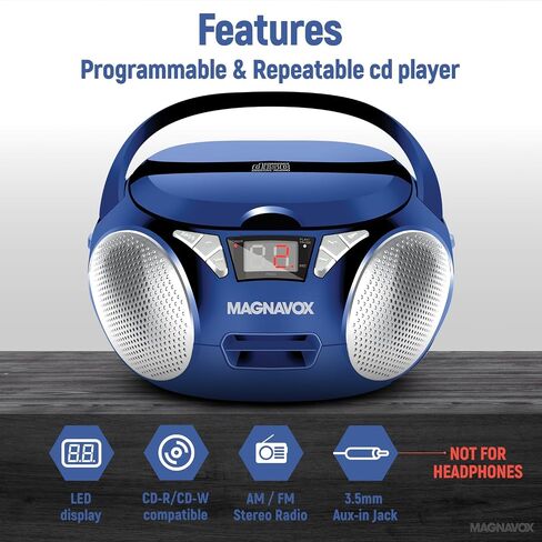 Magnavox MD6924-BL صندوق Boombox المحمول ذو التحميل العلوي مع راديو ستيريو AM/FM باللون الأزرق | متوافق مع أقراص CD-R/CD-RW | شاشة LED | منفذ AUX مدعوم | مشغل أقراص مضغوطة قابل للبرمجة | in Saudi Arabia